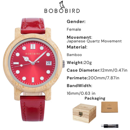 Montre-bracelet en bambou BOBO BIRD pour femme avec bracelet en cuir véritable, naturelle, légère, élégante, cadeau mode pour elle