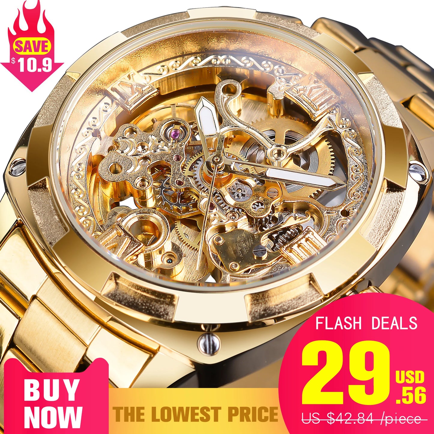 Forsining Montre Mécanique Automatique Transparente Rétro pour Hommes Marque de Luxe Aiguilles Lumineuses Dorées Squelette