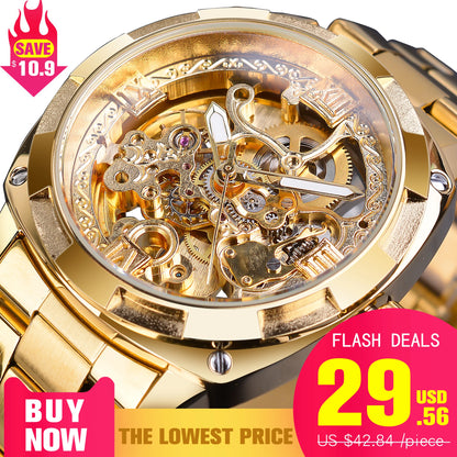 Forsining Montre Mécanique Automatique Transparente Rétro pour Hommes Marque de Luxe Aiguilles Lumineuses Dorées Squelette