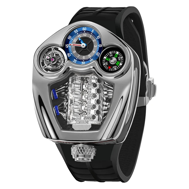 PINDU Engine Series Stainless Steel Compass Watch + Box