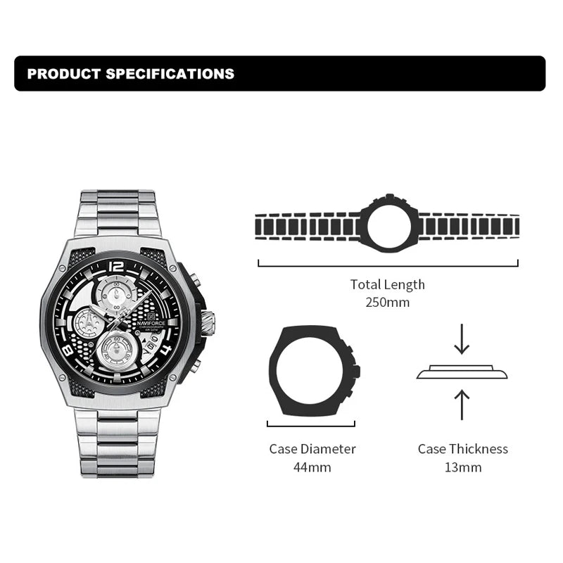 Montres Homme Sport Décontractées Marque NAVIFORCE Chronographe à Quartz Multifonction avec Affichage de la Date Bracelet en Acier Montre-Bracelet Reloj Hombre