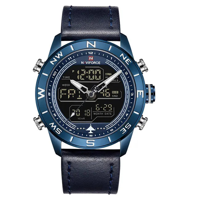 NAVIFORCE – Montre de sport de luxe à quartz pour homme, en cuir véritable, étanche, avec affichage de la date, du jour de la semaine et LED