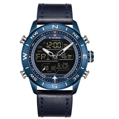 NAVIFORCE – Montre de sport de luxe à quartz pour homme, en cuir véritable, étanche, avec affichage de la date, du jour de la semaine et LED