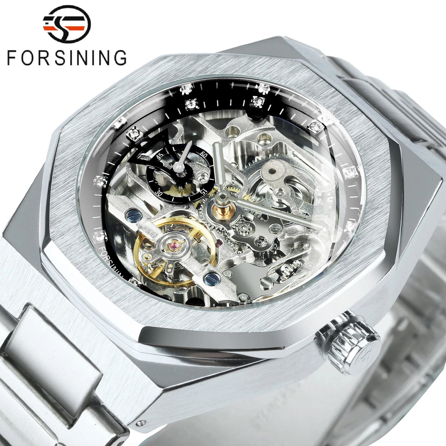 Forsining Silver Automatic Watch Men 3D Diamond Dial Irregular Tourbillon Skeleton Mechanical Wristwatches Luminous Hands Clock