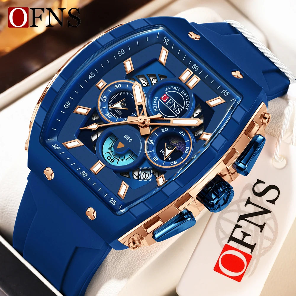 Montres-bracelets de mode en quartz OFNS pour homme, lumineuses, étanches, chronographe, calendrier, bracelet en silicone, montre de sport de luxe d'extérieur pour homme