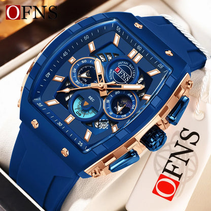 Montres-bracelets de mode en quartz OFNS pour homme, lumineuses, étanches, chronographe, calendrier, bracelet en silicone, montre de sport de luxe d'extérieur pour homme