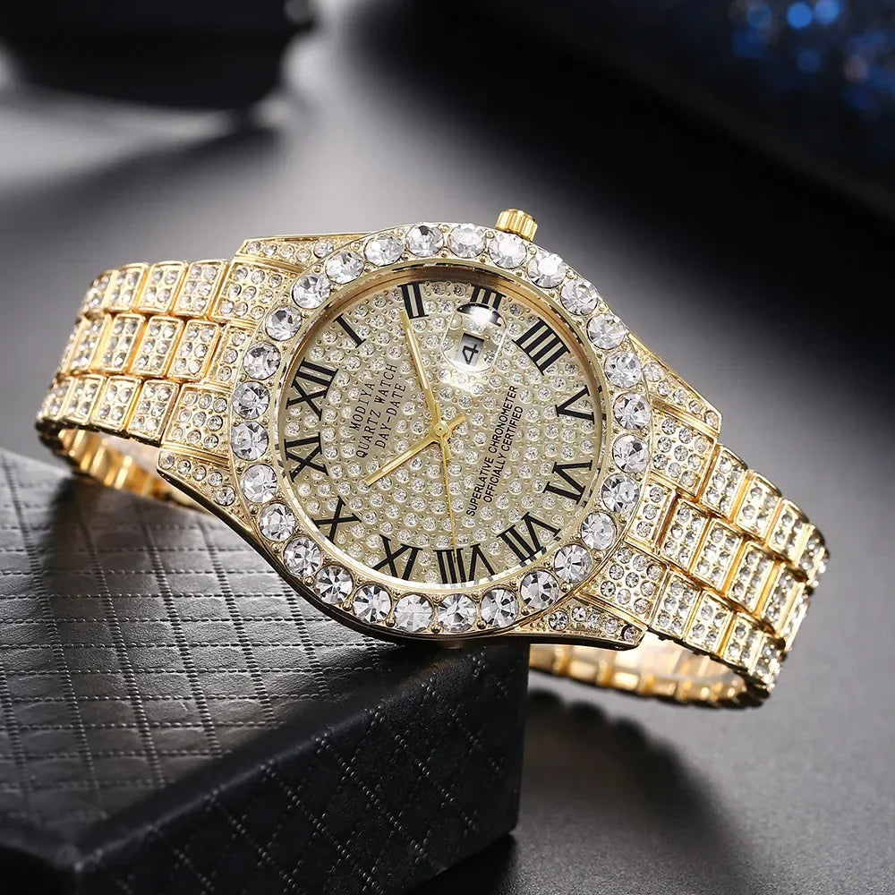 Montre diamant bling homme couleur or vente chaude montre de luxe à quartz montre mâle dropshipping montre-bracelet calendrier strass