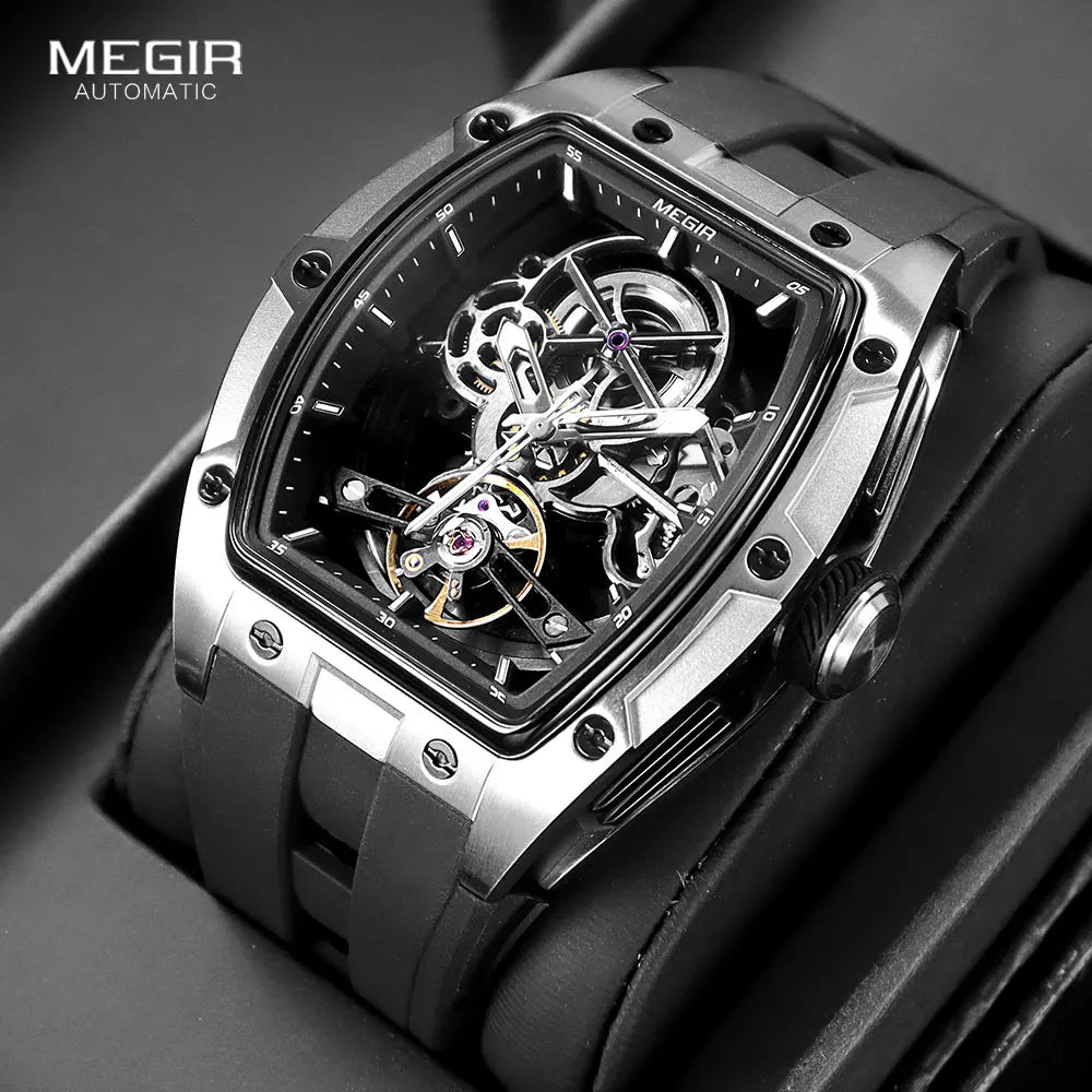 Montre-bracelet MEGIR pour hommes, mode, noire, étanche, mécanique automatique, avec aiguilles lumineuses, bracelet en silicone, cadran tonneau 2242