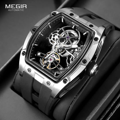 Montre-bracelet MEGIR pour hommes, mode, noire, étanche, mécanique automatique, avec aiguilles lumineuses, bracelet en silicone, cadran tonneau 2242