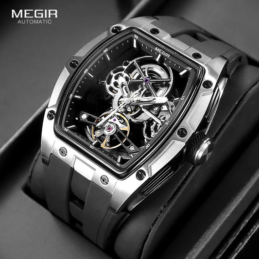 Montre-bracelet MEGIR pour hommes, mode, noire, étanche, mécanique automatique, avec aiguilles lumineuses, bracelet en silicone, cadran tonneau 2242