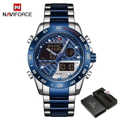 Montres NAVIFORCE Hommes Quartz Double Affichage Lumineux Bracelet en Acier Inoxydable Montre-Bracelet Masculine Affaires Quotidiennes Cadeaux Fête des Pères