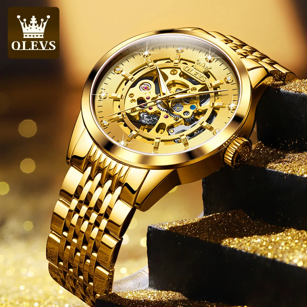 Montres OLEVS 9920 pour hommes, en acier inoxydable massif, étanches, lumineuses, de luxe, à mouvement automatique mécanique original et creux.