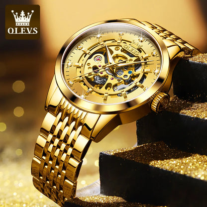 Montres OLEVS 9920 pour hommes, en acier inoxydable massif, étanches, lumineuses, de luxe, à mouvement automatique mécanique original et creux.