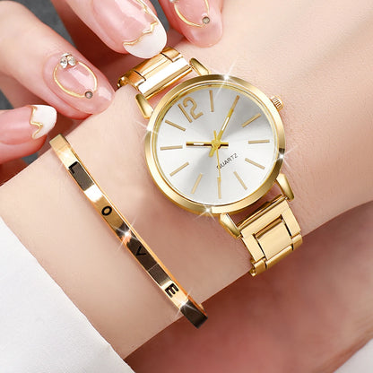 2PCS Women's Watch Fashion Gold Steel Band Quartz Wristwatch Opening Cuff Bracelet Set