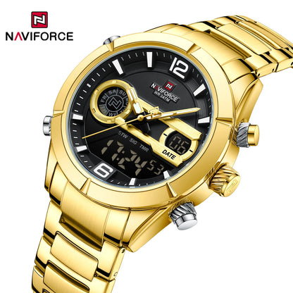 Montre de sport militaire de luxe NAVIFORCE pour hommes, lumineuse, étanche, bracelet en acier, affichage double numérique à quartz, montre-bracelet masculine.