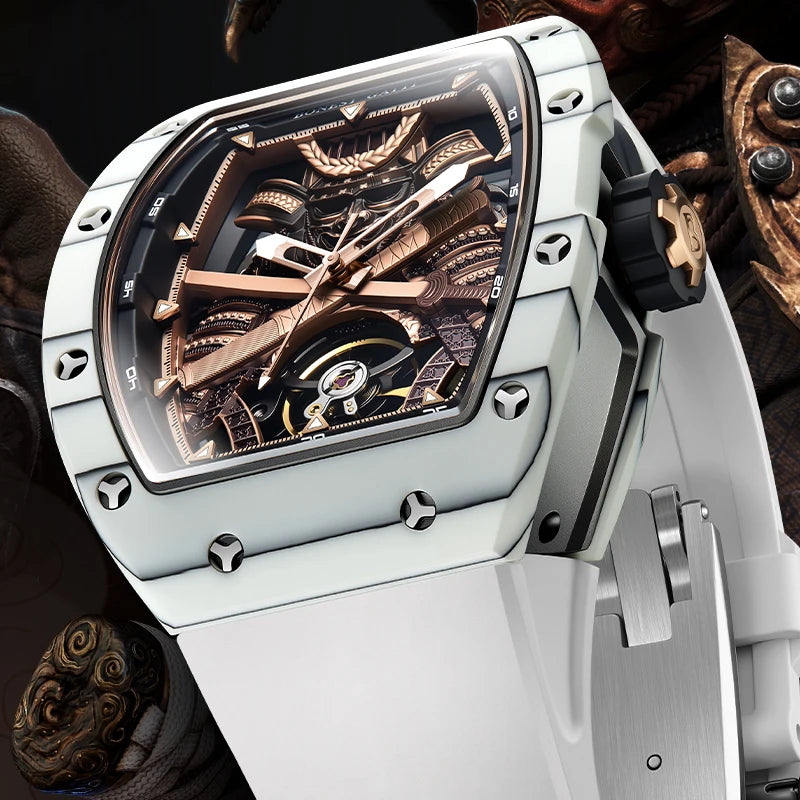 BONEST GATTI Montre-bracelet mécanique à mouvement automatique pour hommes, cadran squelette Warrior grand format, verre saphir