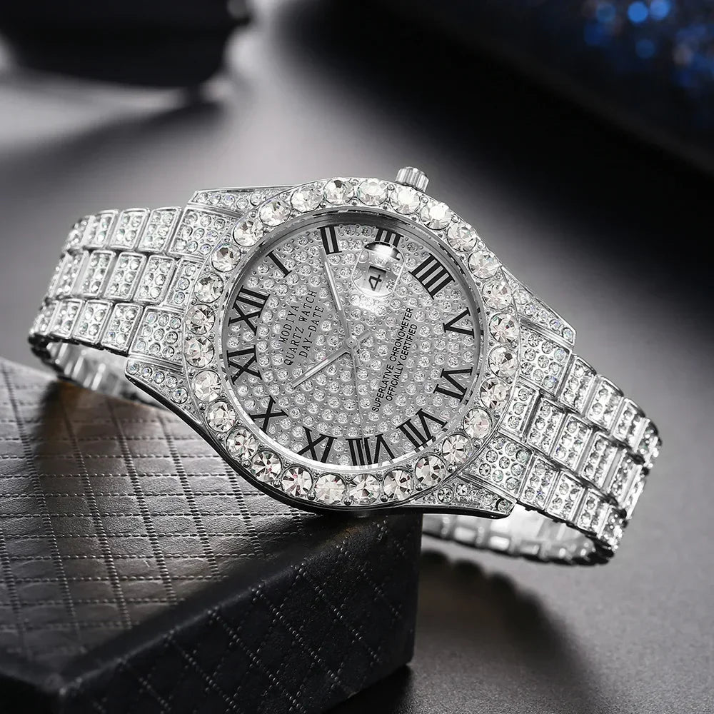 Montre diamant bling homme couleur or vente chaude montre de luxe à quartz montre mâle dropshipping montre-bracelet calendrier strass