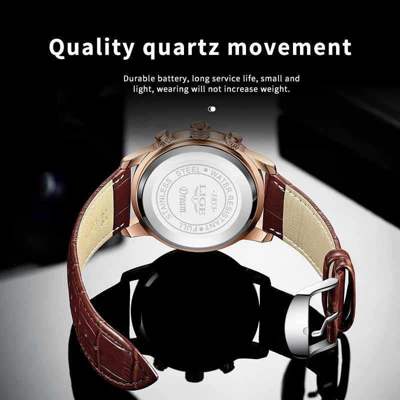 Montre décontractée LIGE pour homme, de luxe, en cuir, étanche, à quartz, chronographe, militaire, pour homme, Relogio Masculino