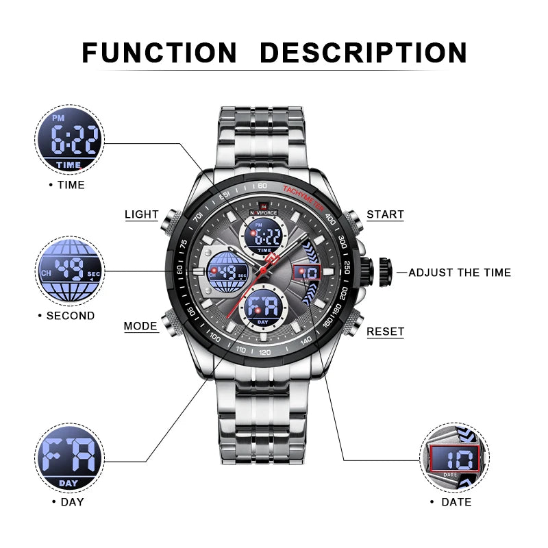 NAVIFORCE Montres à quartz pour hommes Nouvelle montre-bracelet sport double affichage étanche 30m Montre décontractée en acier inoxydable Relogio Masculino