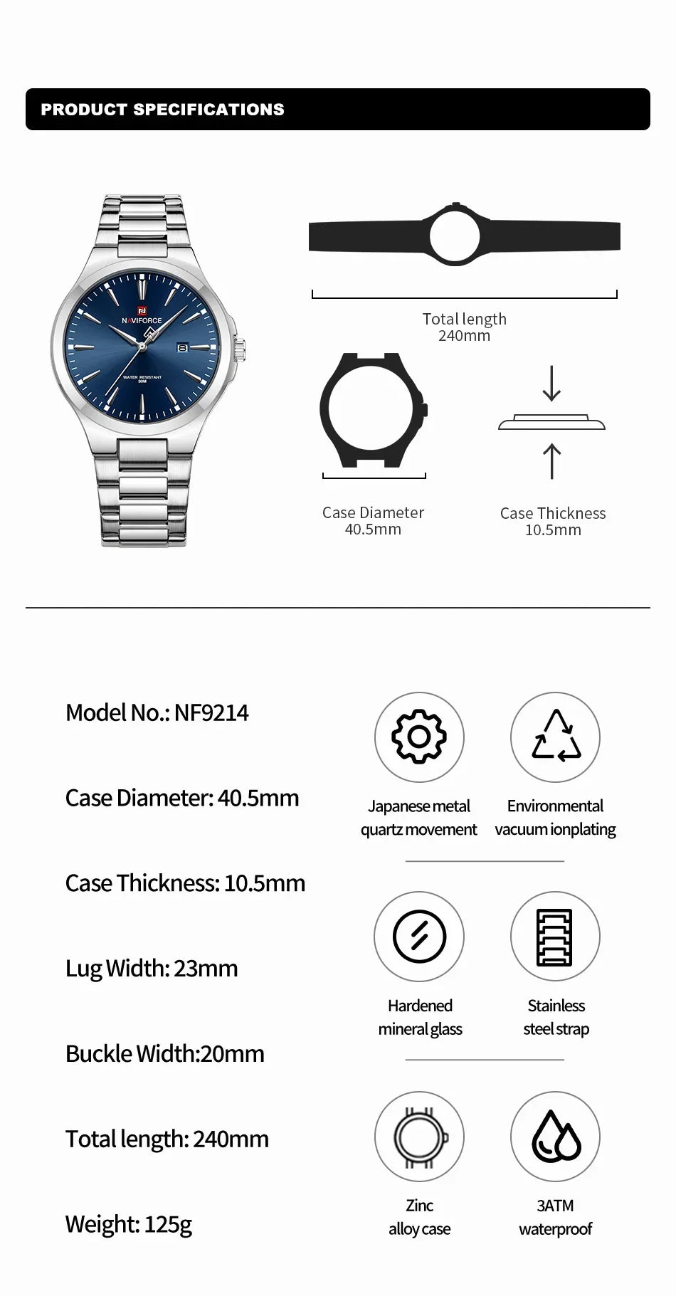NAVIFORCE NF9214 Montres pour hommes tendance au design original en acier inoxydable, calendrier simple, étanche, Relogio Masculino