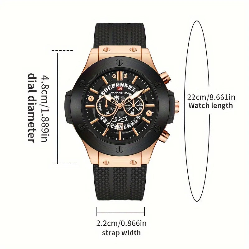 Montre Sport Homme en Silicone Noir, Grand Cadran Creux de 46 mm, Style Militaire Tendance Or Rose, Mouvement à Quartz Original