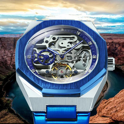 Montre mécanique automatique décontractée Forsining pour hommes, aiguilles lumineuses, bracelet en acier inoxydable, montres squelettes de luxe à la mode pour hommes