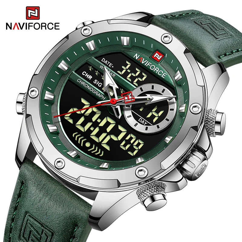NAVIFORCE – Montre Homme Tendance en Cuir Vert, Militaire, Étanche, Chronographe Numérique, Quartz, Bracelet Homme, Réveil