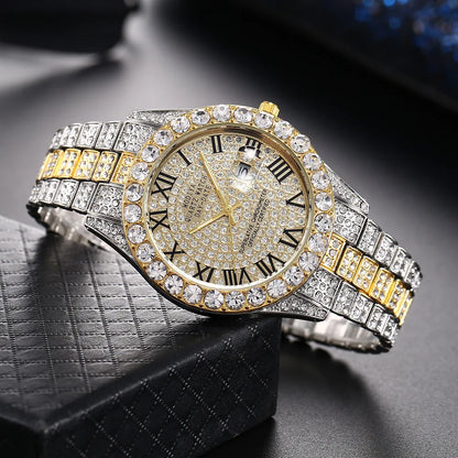 Classic Golden Steel Strap Roman Scale Calendar Watch