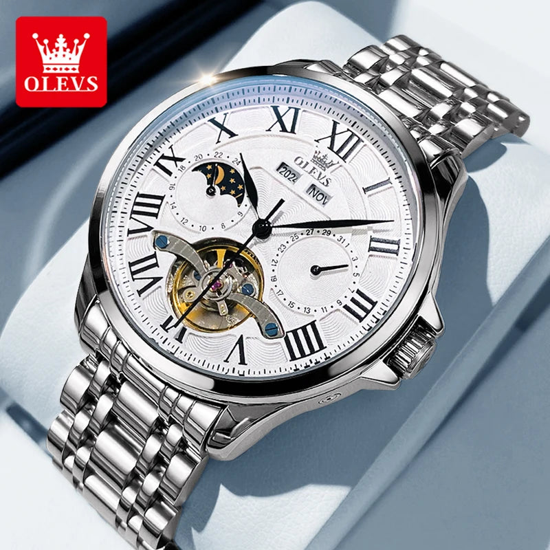OLEVS 7013 Montre Automatique Homme Phase de Lune Étanche Luxe Montre Homme Date Acier Inoxydable Montre Mécanique