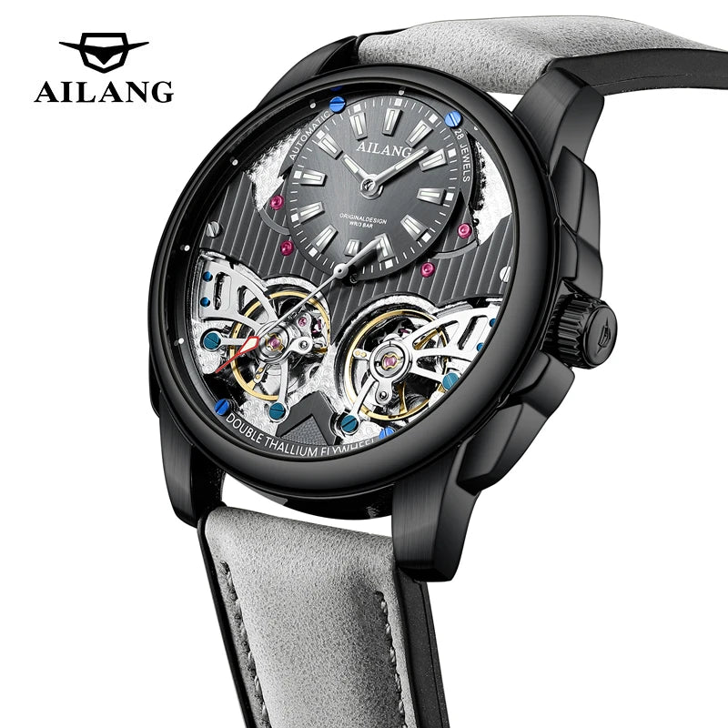 AILANG Business Mechanical Watches Men Top Brand Luxury Leather Waterproof Double Tourbillon Watch For Men Automatic Wristwatch