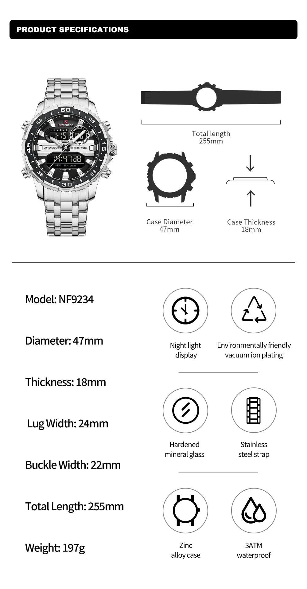 NAVIFORCE NF9234 Analog Digital Dual Time Watch