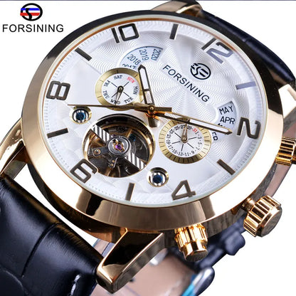 Montre mécanique automatique Forsining Tourbillon Fashion Wave noire et dorée multifonction pour homme, marque de luxe de qualité supérieure
