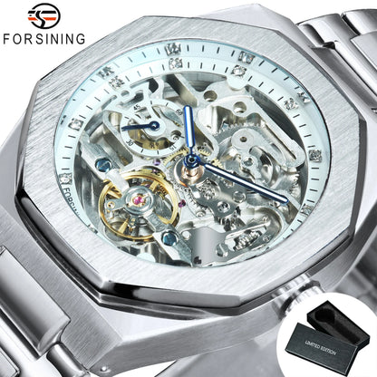 Montre mécanique squelette Forsining Tourbillon pour homme, aiguilles lumineuses, bracelet en acier inoxydable, montres automatiques tendance pour le travail