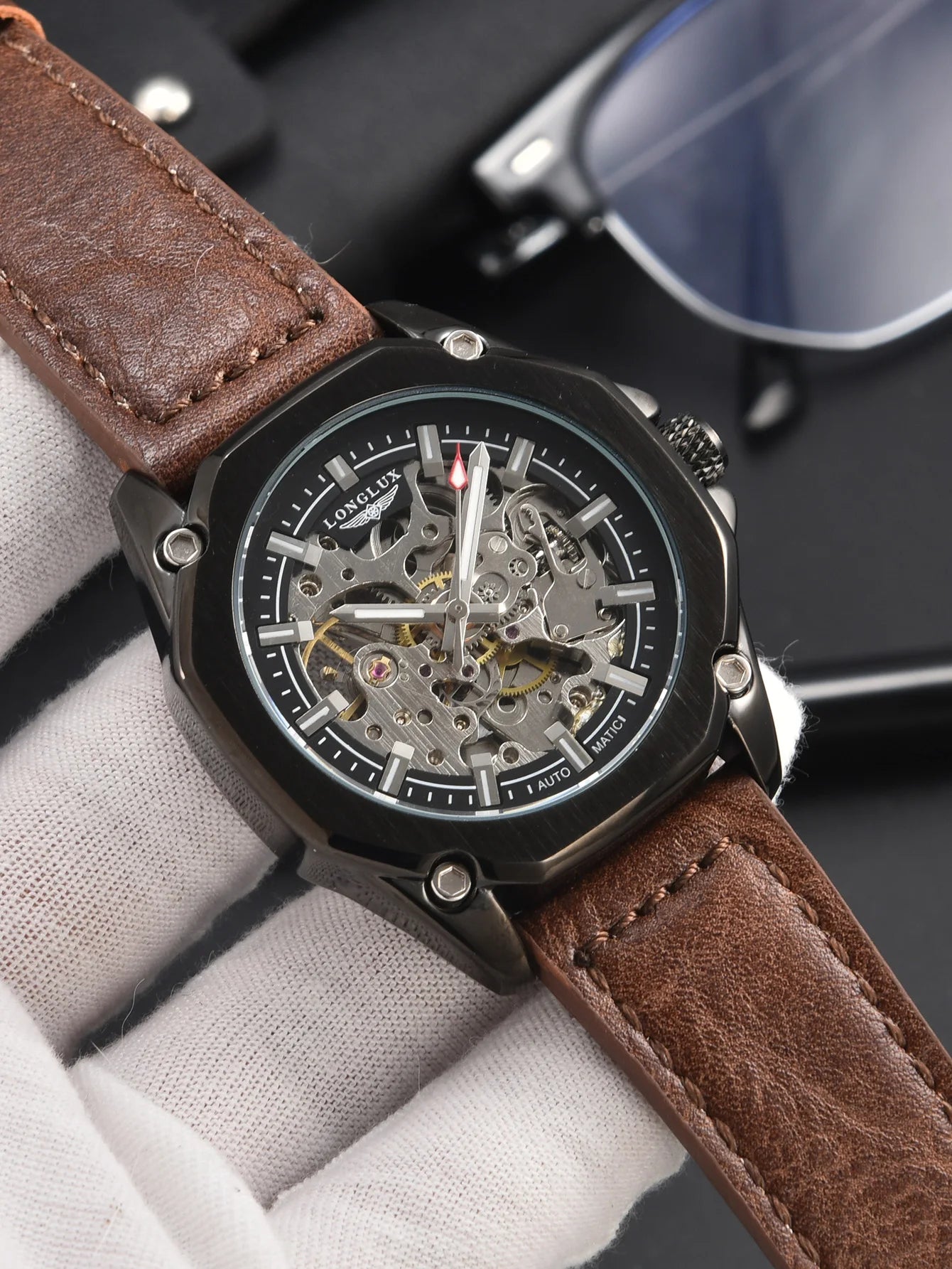 Men automatic watch waterproof sport skeleton mechanical watches outdoors fashion leather mens watch boyfriend gift