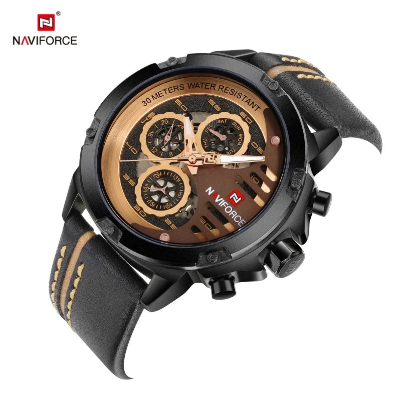 Montre Homme NAVIFORCE, Marque de Luxe, Étanche, Affichage 24 Heures, Date, Mouvement à Quartz, Bracelet en Cuir, Montre-Bracelet Sport pour Homme, Étanche