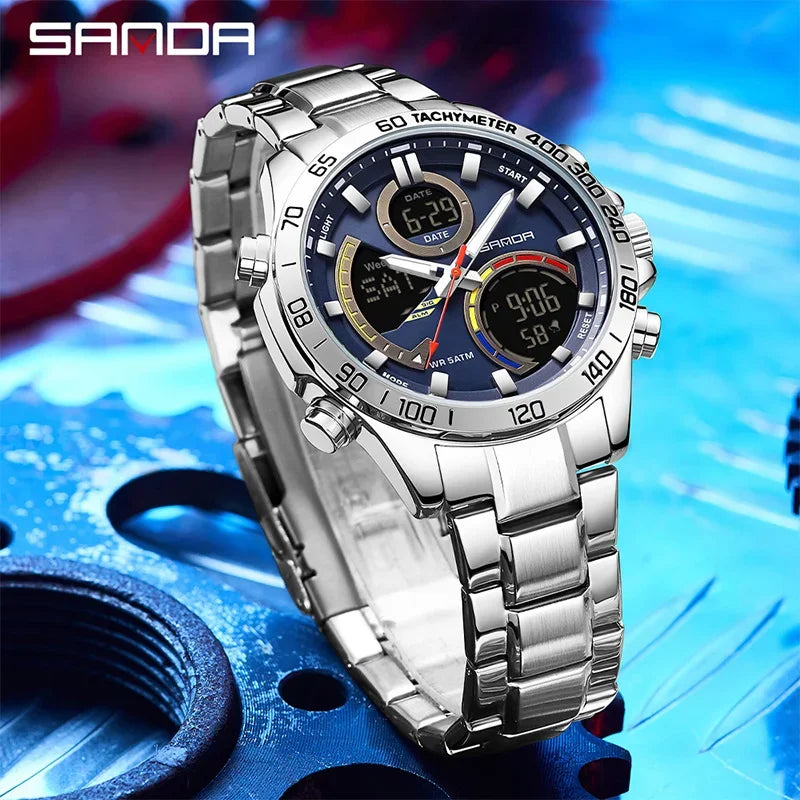 SANDA Dual Display Dual Movement Stainless Steel Watch