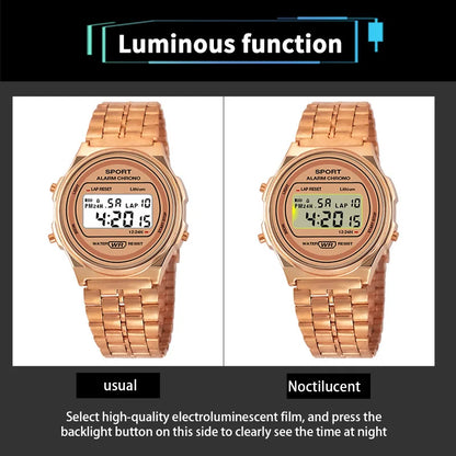 Montre électronique LED décontractée pour femmes, montre numérique LED rétro à bracelet en acier inoxydable pour dames, montre-bracelet de sport multifonction
