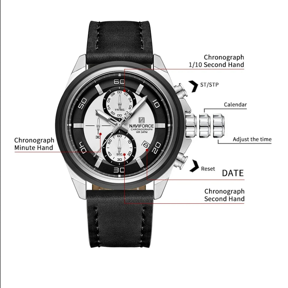 NAVIFORCE Montres Hommes Multifonctions Étanche Montre Quartz Lumineuse de Nuit Montre Bracelet en Cuir Business pour Hommes