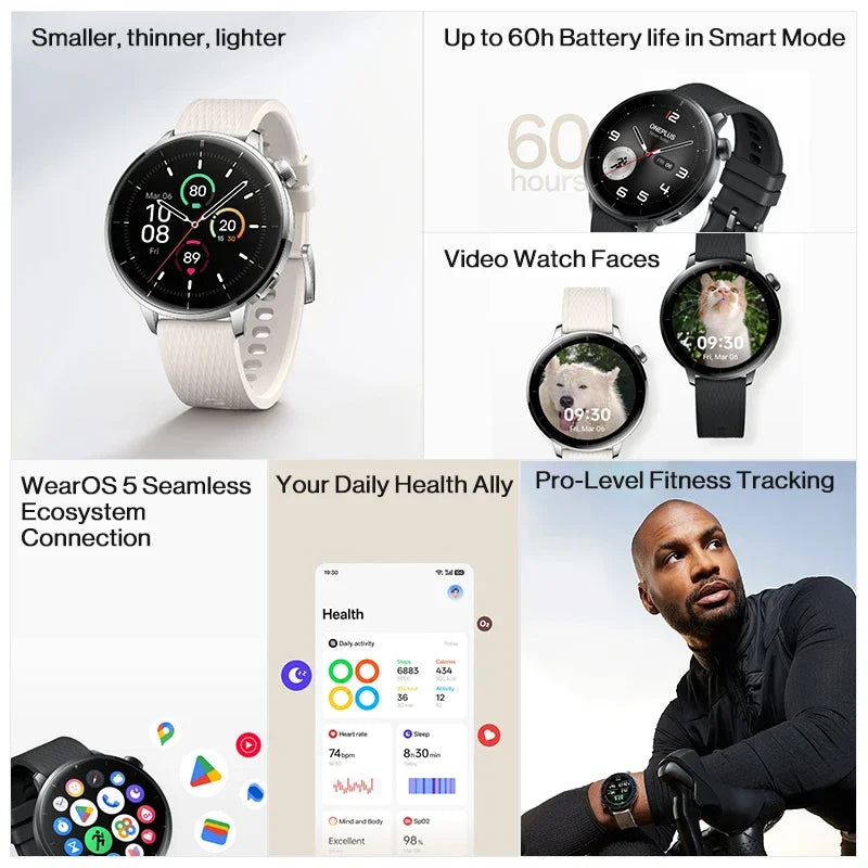 Version globale OnePlus Watch 3 Montre connectée 43mm AMOLED 1,32 pouces Autonomie jusqu'à 60h Wear OS by Google GPS NFC