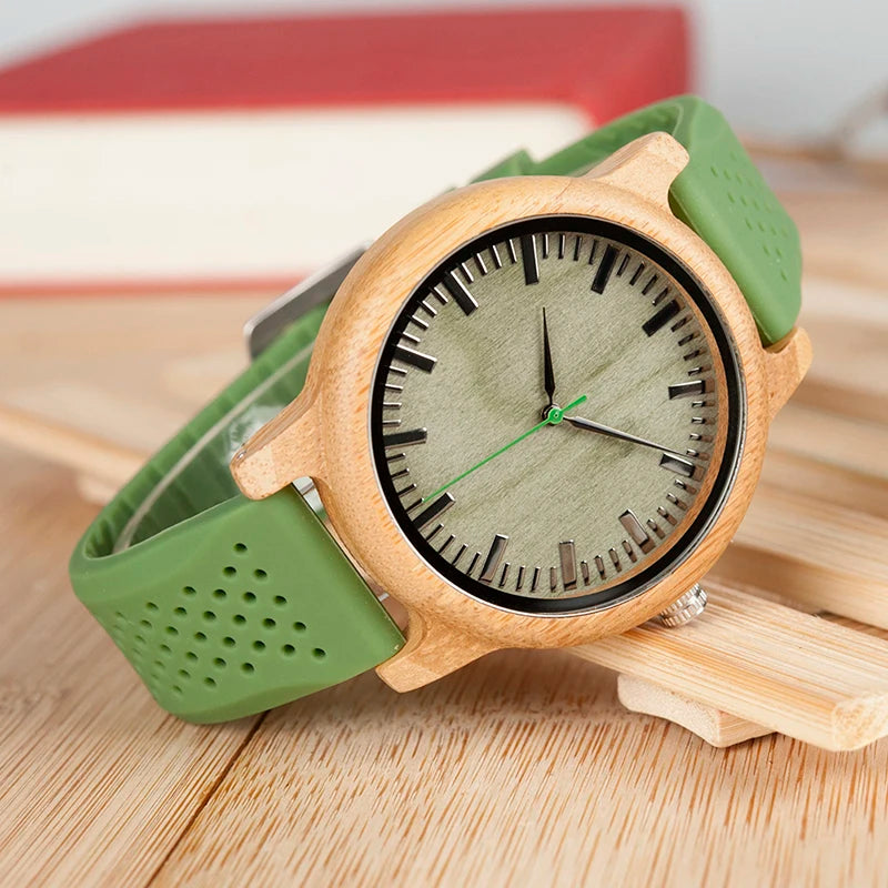 BOBO BIRD Montre en bois de bambou pour homme, montre à quartz avec bracelet en silicone vert, bracelet supplémentaire, cadeau pour homme avec boîte relogio masculino W-B06