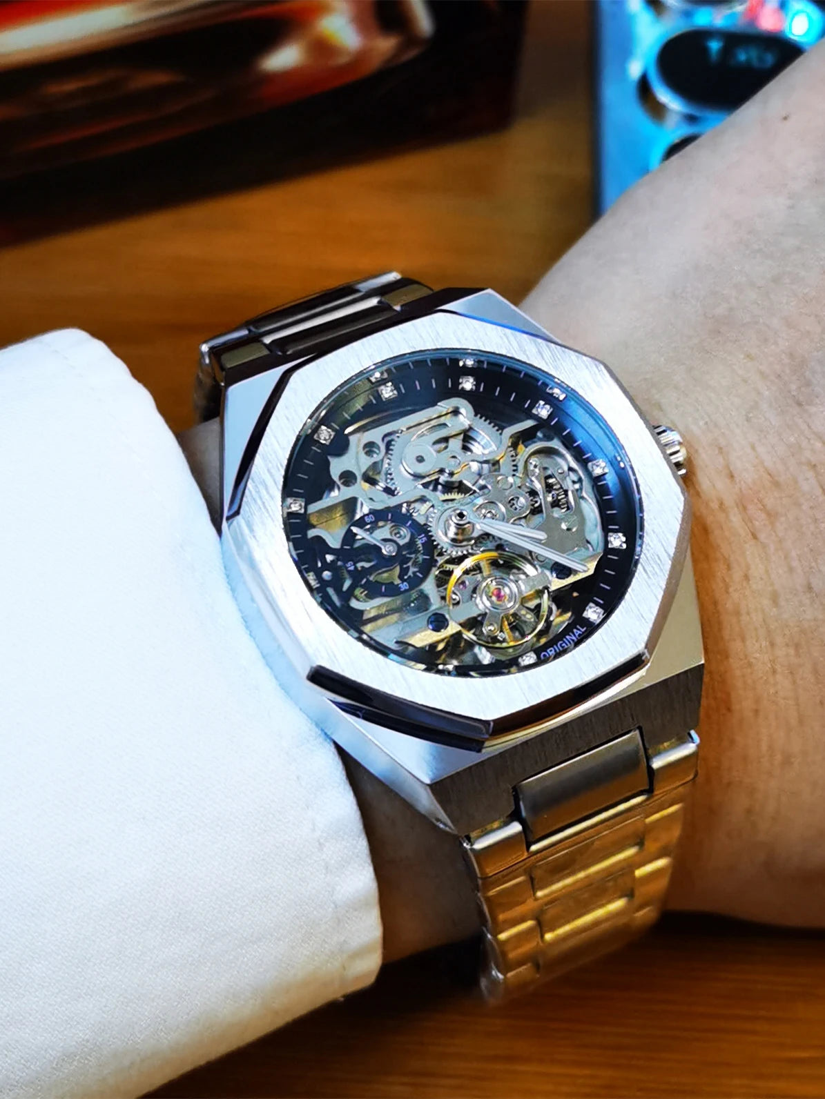 Forsining Montre automatique homme argentée 3D cadran diamanté Tourbillon irrégulier Squelette montres-bracelets mécaniques Aiguilles lumineuses Horloge