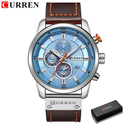 CURREN 8291 Montre Bracelet Homme Quartz Chronographe Cuir Décontracté Militaire Sport Mode Gentleman