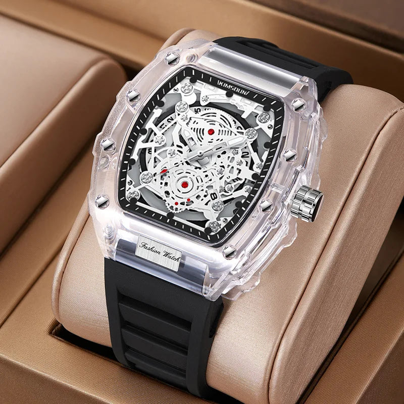 Montre Décontractée Tendance pour Homme Montre à Quartz pour Homme avec Cadran Lumineux, Fonction Calendrier, Bracelet en Silicone, Boîtier Transparent en Forme de Tonneau Reloj