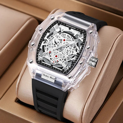 Montre Décontractée Tendance pour Homme Montre à Quartz pour Homme avec Cadran Lumineux, Fonction Calendrier, Bracelet en Silicone, Boîtier Transparent en Forme de Tonneau Reloj
