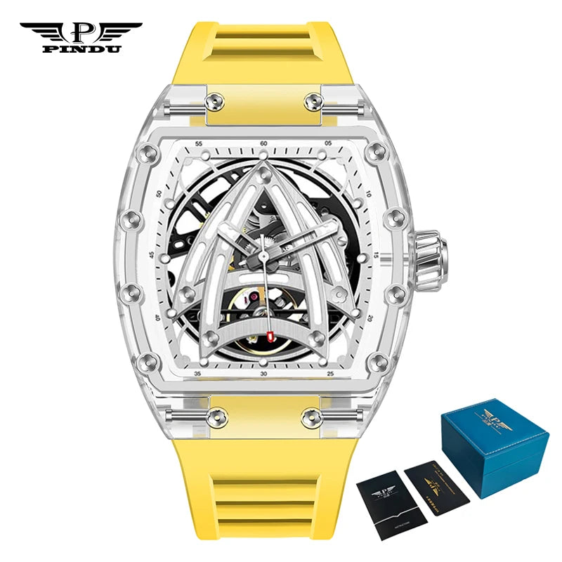 PINDU Designer Montre mécanique Tonneau creuse Homme Marque de luxe Squelette Automatique Montres Homme Sport Silicone Montre-bracelet JH3105