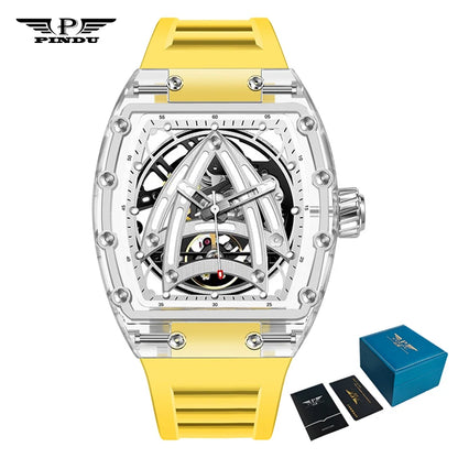 PINDU Designer Montre mécanique Tonneau creuse Homme Marque de luxe Squelette Automatique Montres Homme Sport Silicone Montre-bracelet JH3105