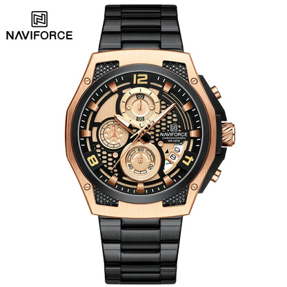 Montres Homme Sport Décontractées Marque NAVIFORCE Chronographe à Quartz Multifonction avec Affichage de la Date Bracelet en Acier Montre-Bracelet Reloj Hombre