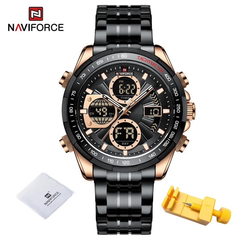 NAVIFORCE Montres-bracelets Homme Sport Décontracté Acier Inoxydable Étanche Lumineux Double Affichage Quartz Montre Horloge Homme Reloj Hombre