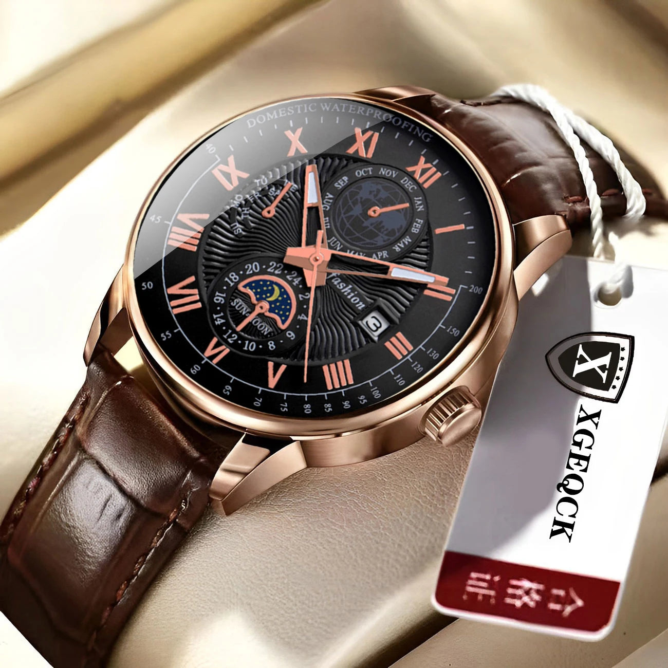 Men's leather strap watch with date display and luminous dial