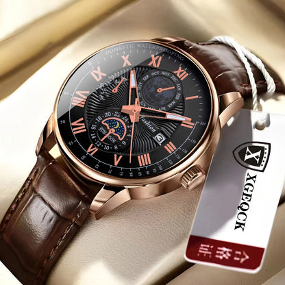 Men's leather strap watch with date display and luminous dial